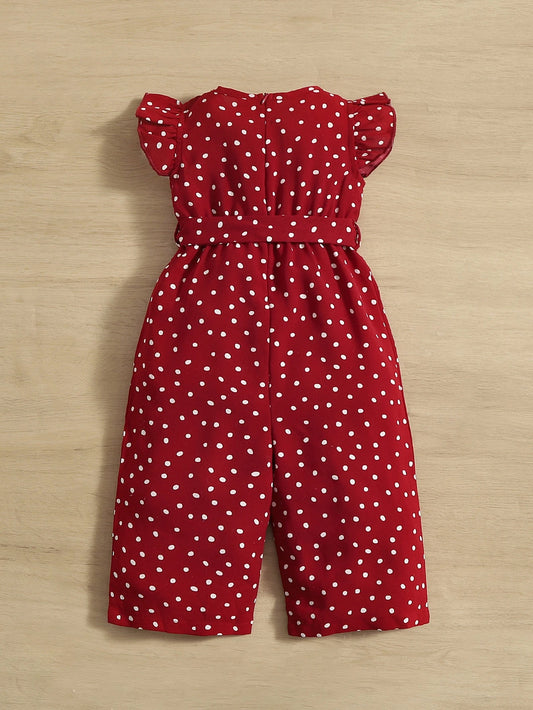Prenda burdeos jumpsuit para bebe con lunares blancos vista trasera