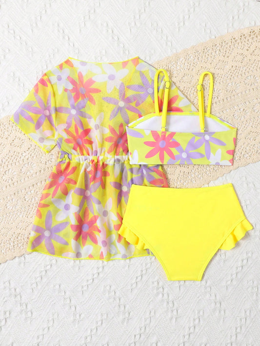 Bikini floral amarillo con salida multicolor