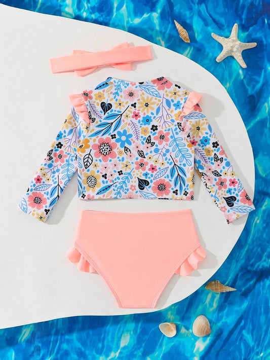 Prenda albaricoque traje de baño floral para bebe vista trasera