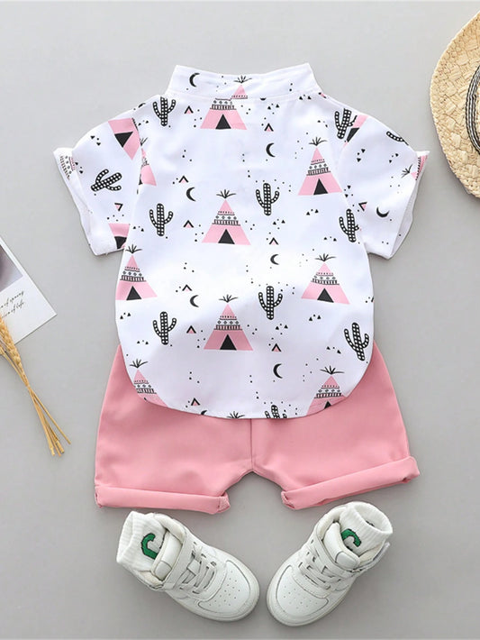 Prenda blanca y rosa conjunto para bebe con estampado desértico vista trasera