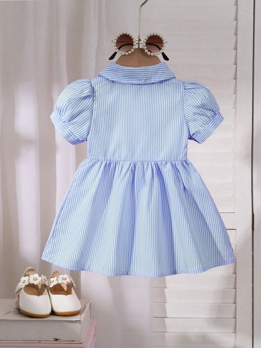 Vestido azul rayado con bordado y cuello redondo