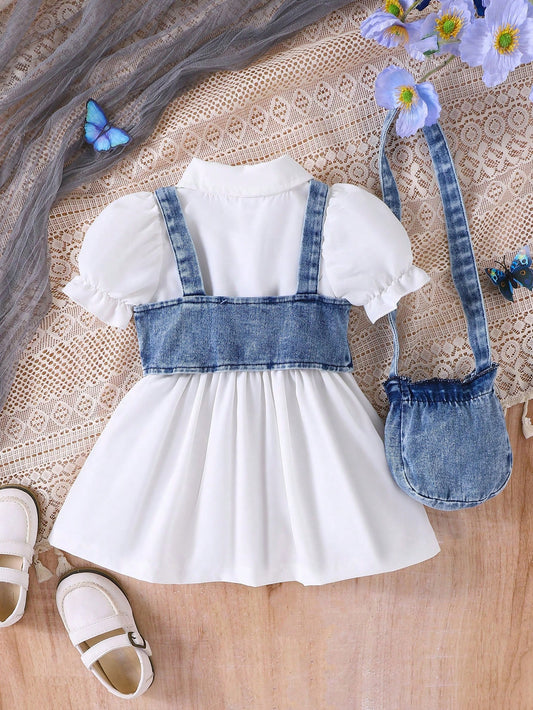 Prenda blanca conjunto para bebe con chaleco azul de mezclilla vista posterior