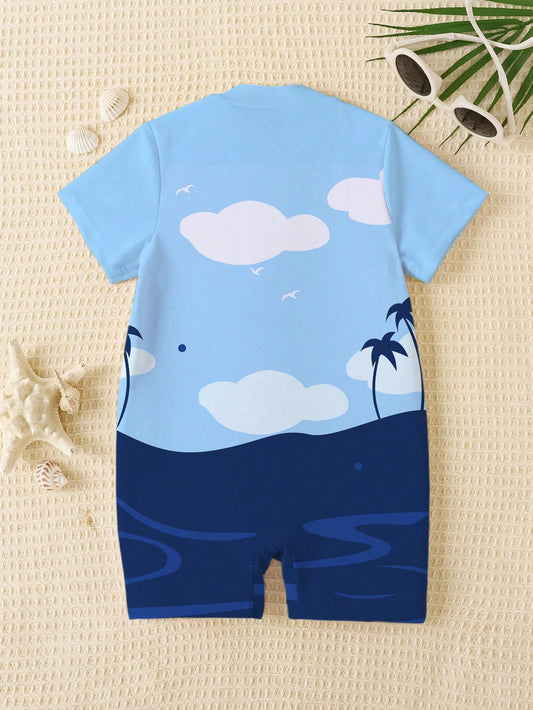 Prenda azul traje de baño para bebe detalle estampado tiburon