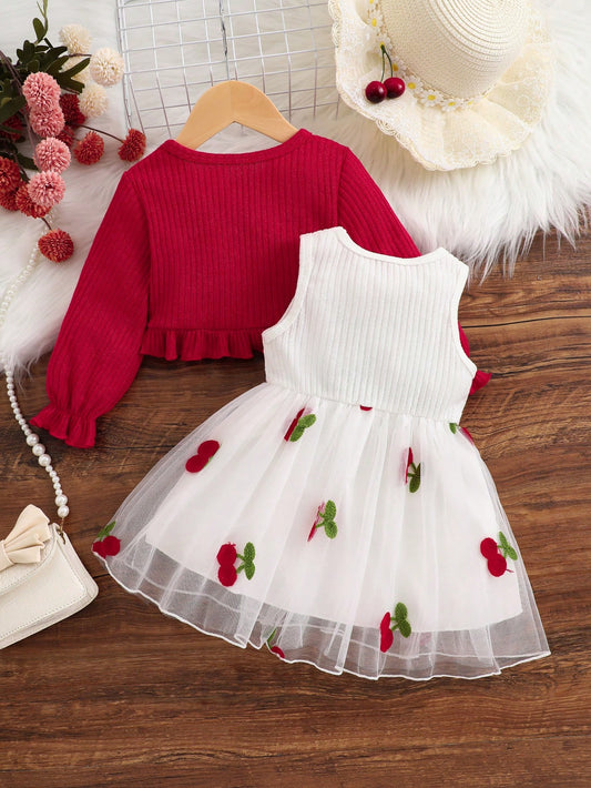 Prenda rojo y blanco conjunto para bebe con cárdigan y vestido bordado vista posterior