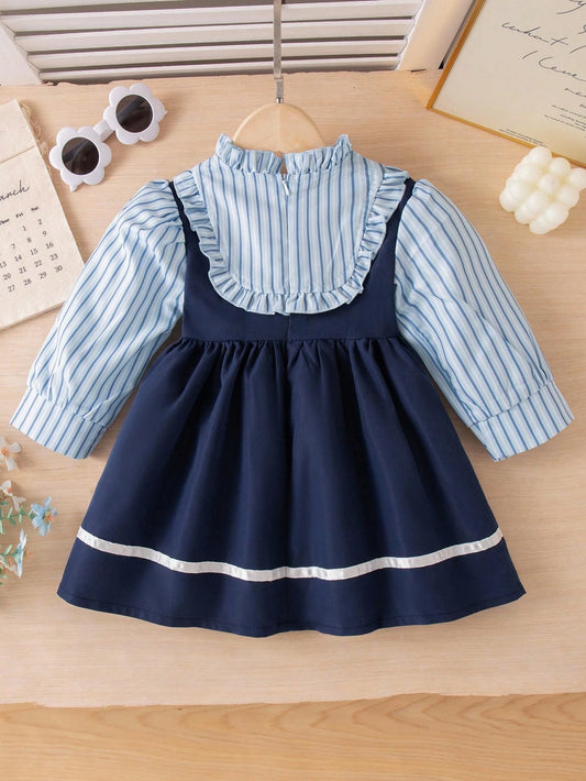 Vestido elegante azul rayas con moño
