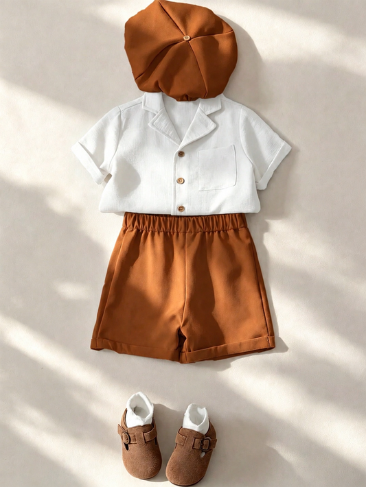Prenda blanca conjunto para bebe de tres piezas con camisa de botones, short marrón y boina