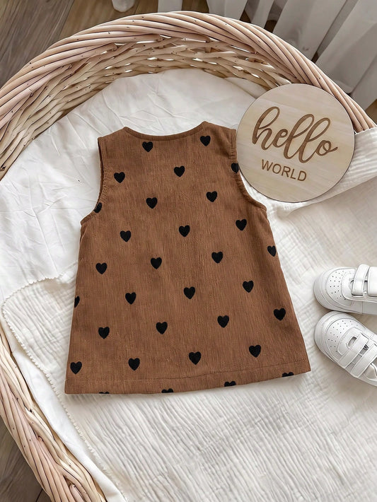 Prenda café vestido para bebe con corazones negros vista trasera