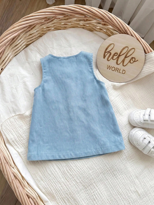 Prenda azul vestido para bebe con patito y lazo vista trasera
