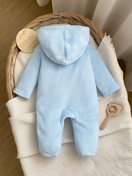 Prenda celeste pelele de felpa para bebe con capucha y pies cubiertos vista trasera