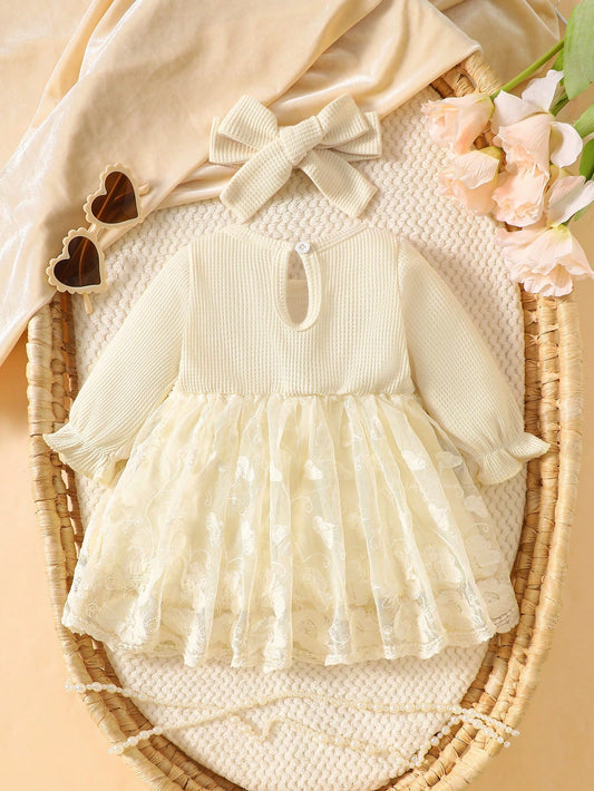 Prenda albaricoque vestido para bebe con encaje y diadema vista posterior
