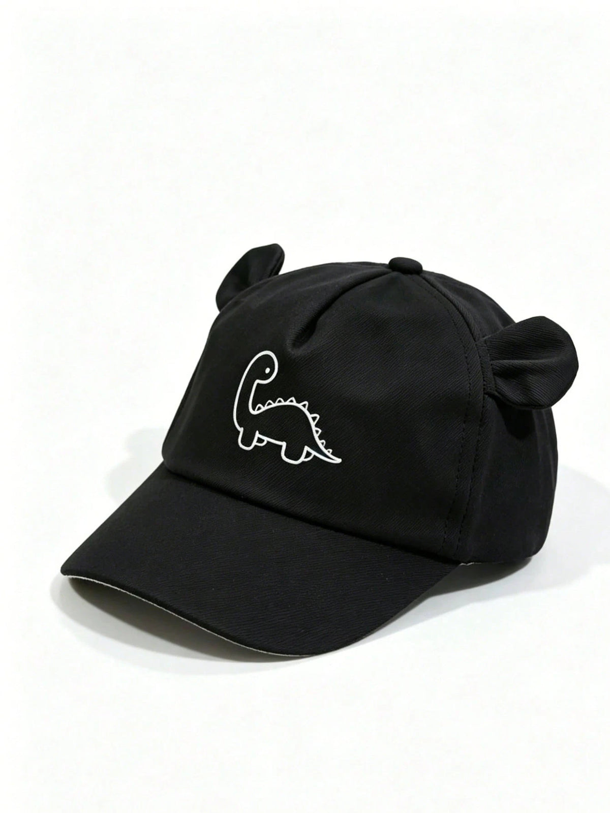 Prenda negra gorra para bebe con dinosaurio y orejitas vista frontal
