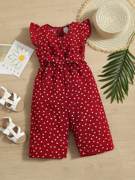 Prenda burdeos jumpsuit para bebe con lunares blancos vista frontal