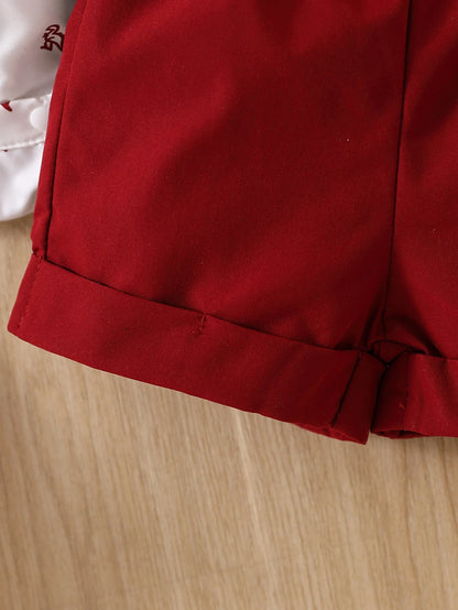 Prenda rojo shorts para bebe con tirantes detalle del acabado