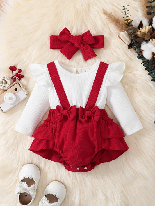 Prenda roja body para bebe con diadema y falda con volantes vista frontal