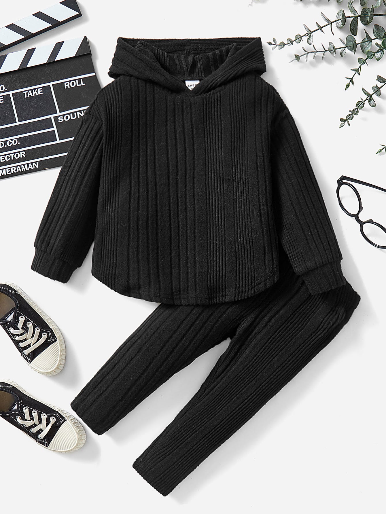 Sudadera leggings capucha negro tejido acanalado infantil cómodo