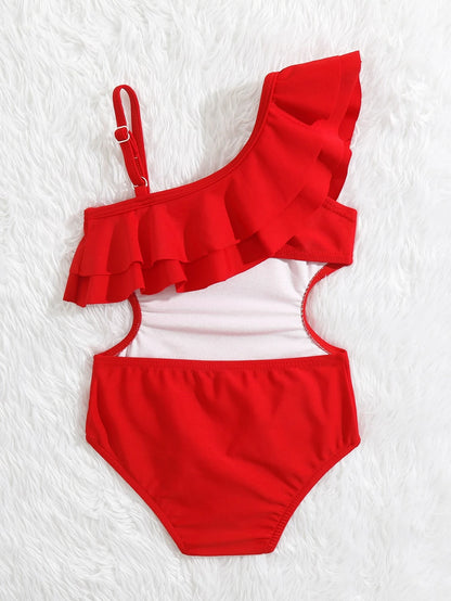 Prenda roja traje de baño para bebe vista trasera con tirante ajustable