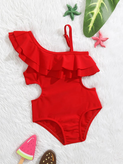 Prenda roja traje de baño para bebe vista frontal con volante doble