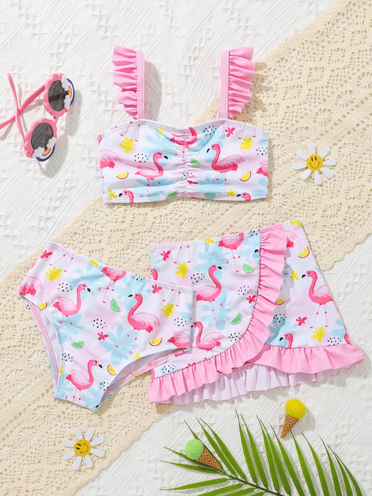 Conjunto de playa multicolor con falda y estampado de flamencos