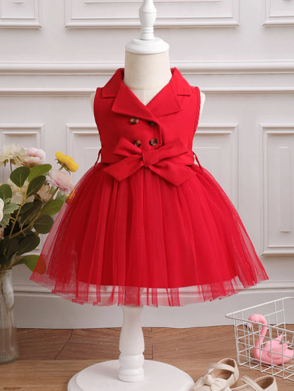 Prenda roja vestido para bebe con lazo y falda de tul vista frontal