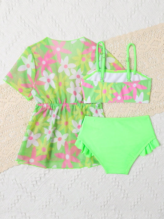 Prenda verde conjunto de baño para bebe con bikini y kimono vista trasera