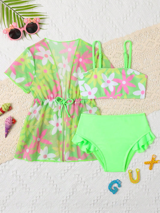 Prenda verde conjunto de baño para bebe con estampado floral y kimono vista frontal