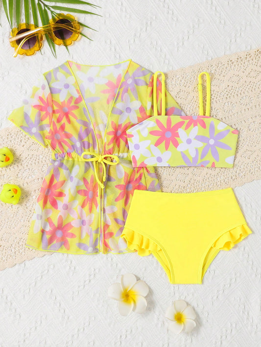 Bikini floral amarillo con salida multicolor