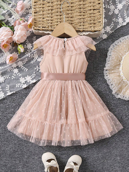 Prenda albaricoque vestido de tul para bebe con lazo satinado vista posterior