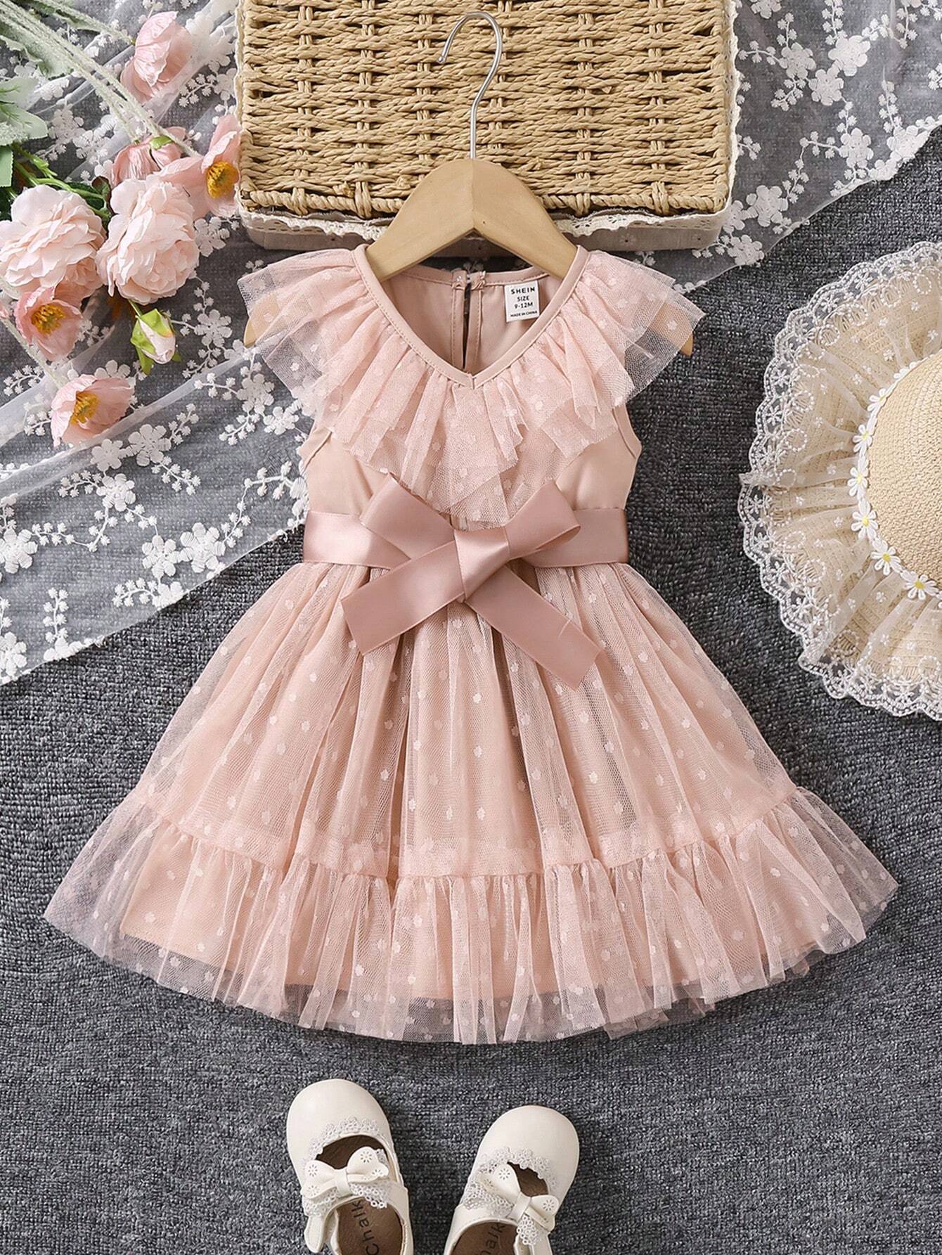 Prenda albaricoque vestido de tul para bebe con lazo satinado vista frontal