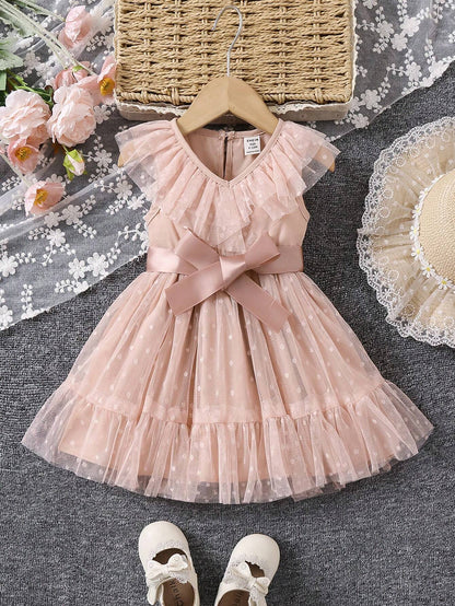 Prenda albaricoque vestido de tul para bebe con lazo satinado vista frontal