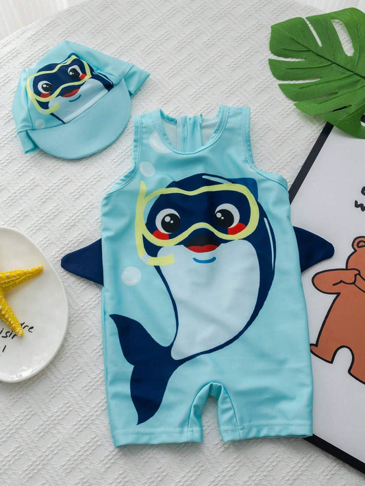 Prenda azul traje de baño delfín para bebe con sombrero vista frontal