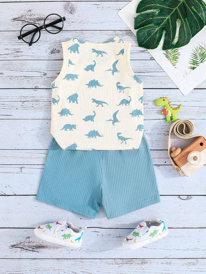 Conjunto azul sin mangas con dinosaurios para bebé niño