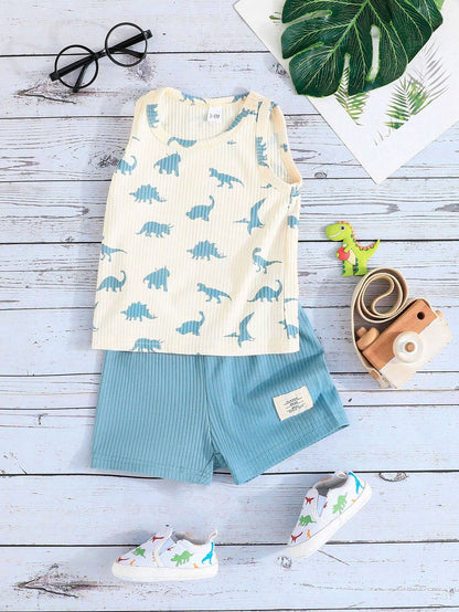Conjunto azul sin mangas con dinosaurios para bebé niño