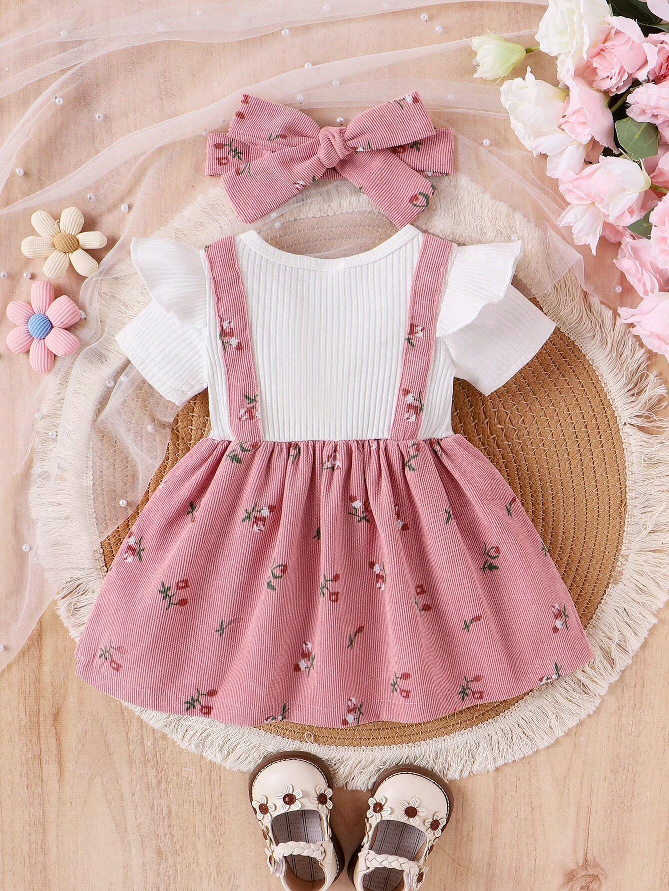 Prenda rosa conjunto para bebe con falda floral y tirantes vista trasera