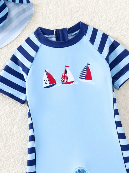 Traje de baño azul barcos rayas