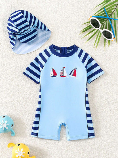 Traje de baño azul barcos rayas