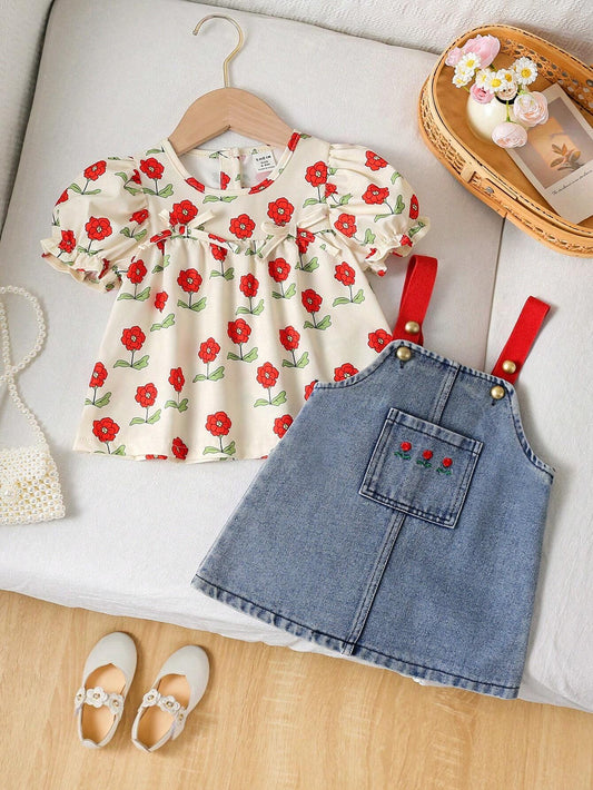 Conjunto floral rojo con blusa y vestido de mezclilla