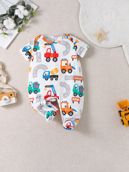 Prenda blanco mameluco para bebe con estampado de construcción vista frontal