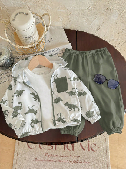 Prenda blanco conjunto para bebe con dinosaurios y capucha vista frontal