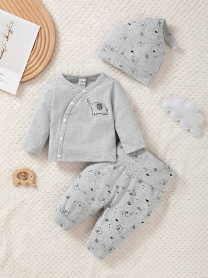 Prenda gris conjunto de 3 piezas para bebe vista frontal con estampado de elefantes
