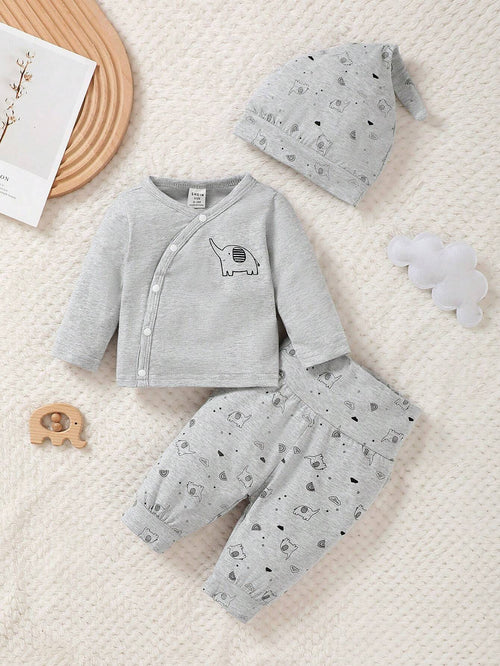 Prenda gris conjunto de 3 piezas para bebe vista frontal con estampado de elefantes