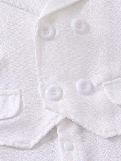 Prenda blanca enterizo para bebe detalle de chaleco con botones y bolsillos decorativos