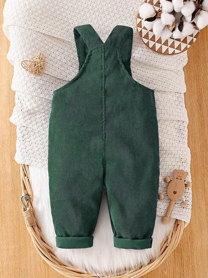 Prenda verde oscuro overol para bebe vista trasera con tirantes cruzados