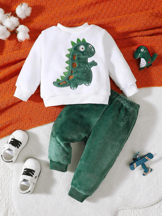 Prenda blanca conjunto para bebe con pantalón verde y dinosaurio bordado vista frontal