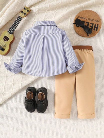 Conjunto marrón y azul para bebé niño con bordado de caballo (No incluye cincho)