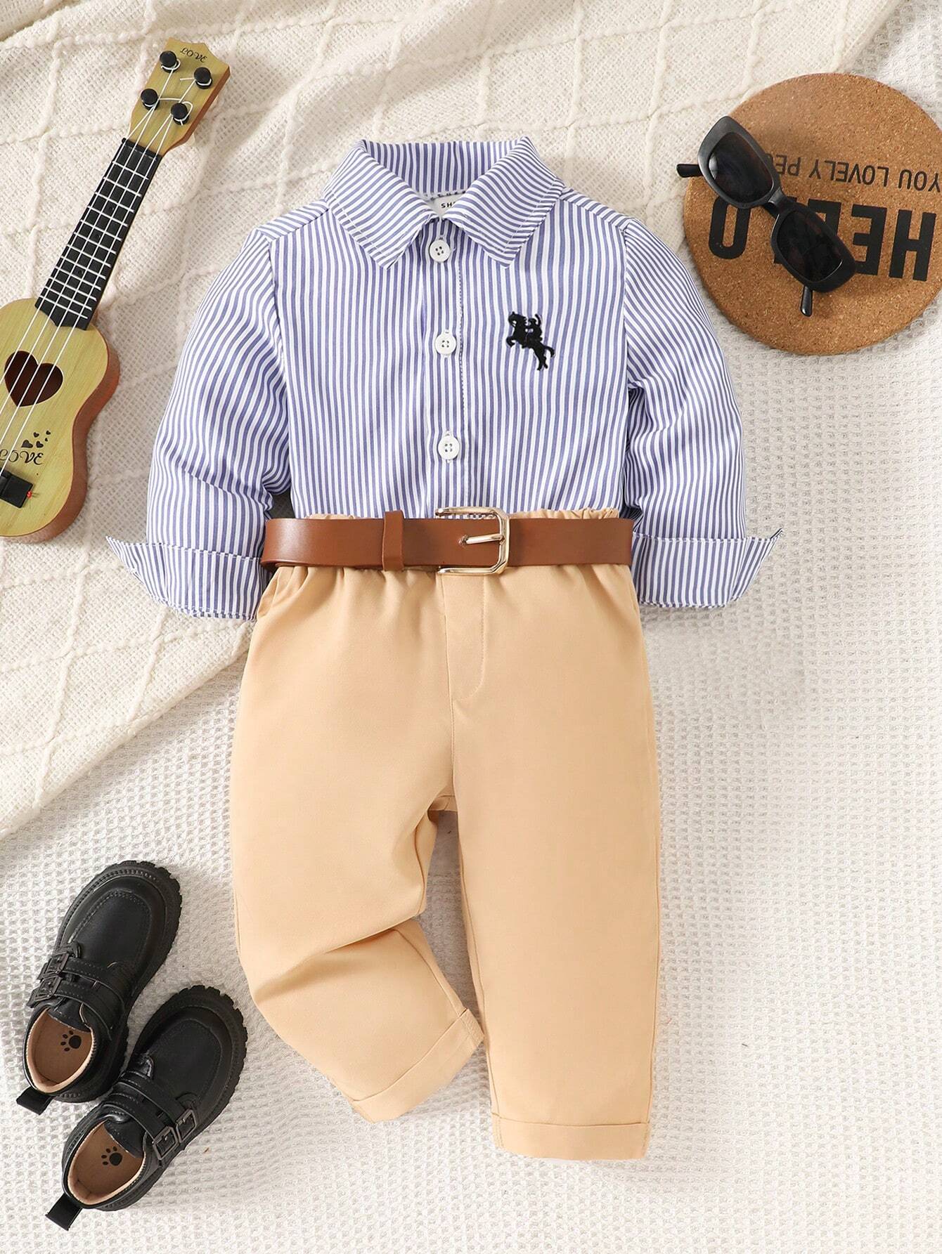 Conjunto marrón y azul para bebé niño con bordado de caballo (No incluye cincho)