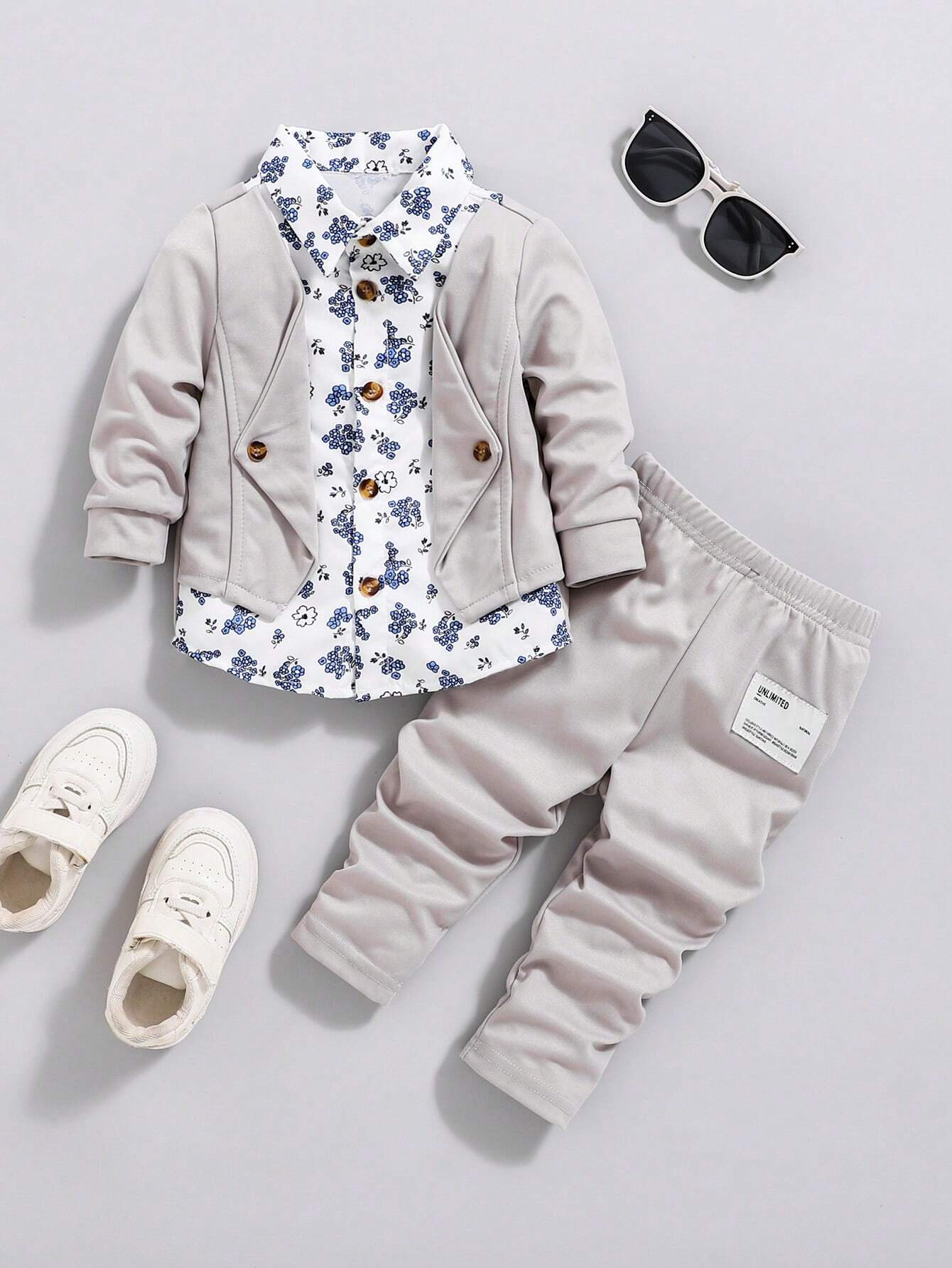 Conjunto elegante gris floral casual infantil