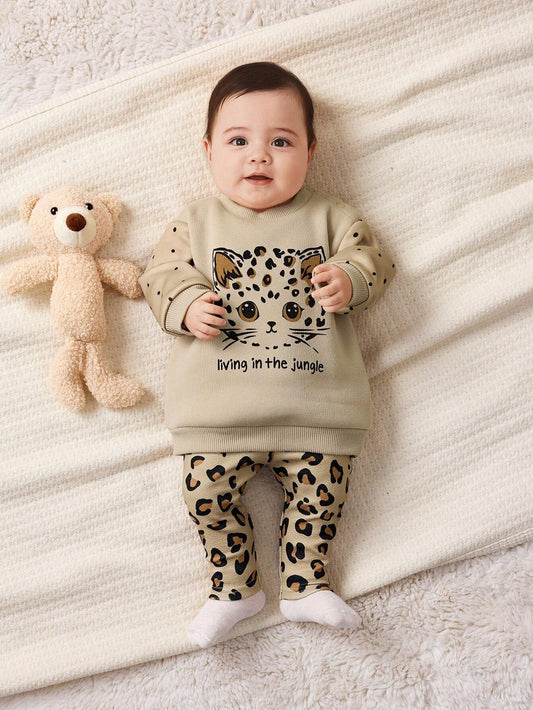 Conjunto caqui para bebé con sudadera y pantalón leopardo