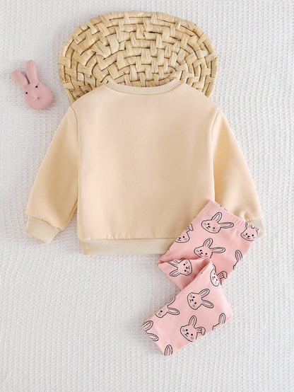 Conjunto bebé crema rosa estampado conejo cómodo