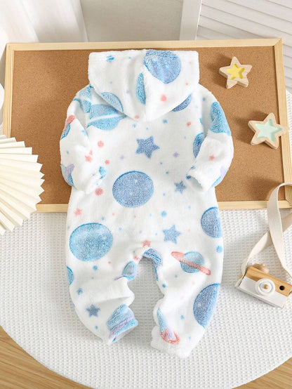 Mameluco blanco de felpa para bebe con planetas y estrellas vista trasera