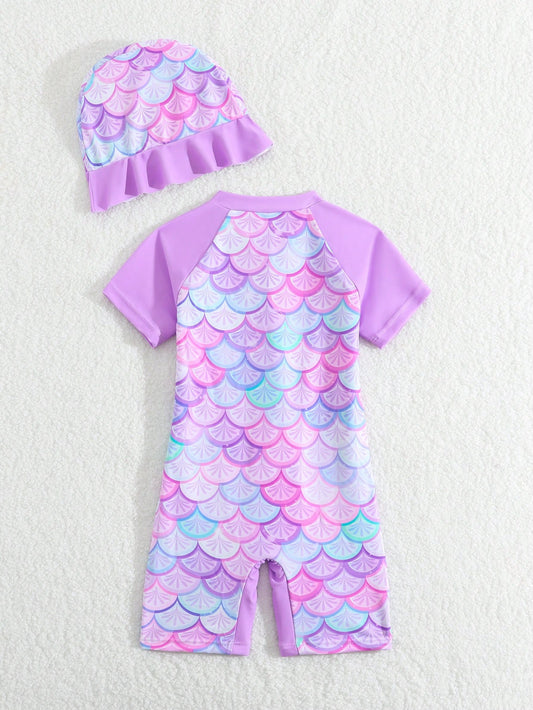 Traje de baño lila para bebé con estampado de sirena